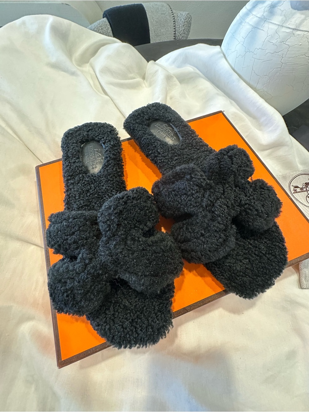 Hermes Black Fuzzy Knot Slide Sandals